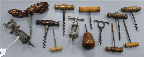 Eight corkscrews including an English ca 1894, English ca 1880 Ernst Scharffs registered patent The Solon, 1901, French J, Perille Vana